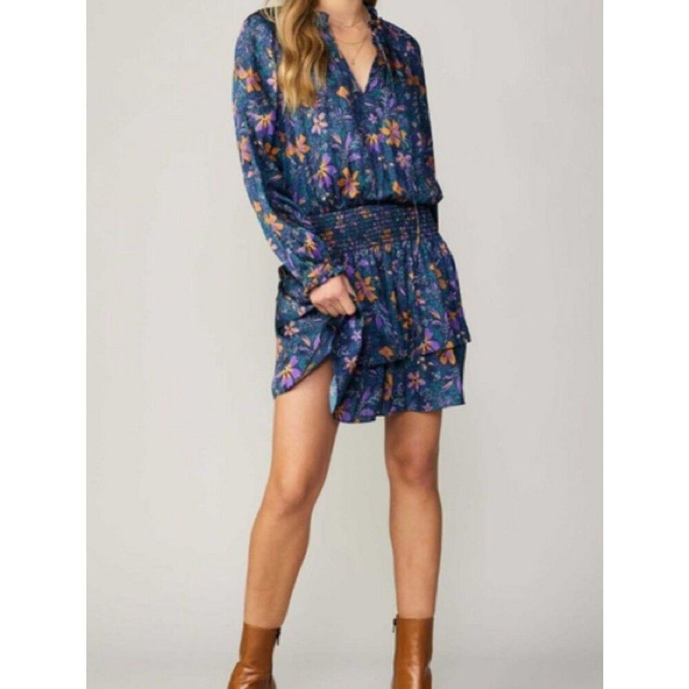 Current Air Blue Floral Long-Sleeve Smocked Waist Mini Dress